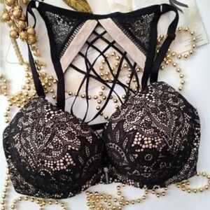 Victoria's Secret Very Sexy Push Up Bra 34DD Black Nude Lace Lingerie LIKE NEW!